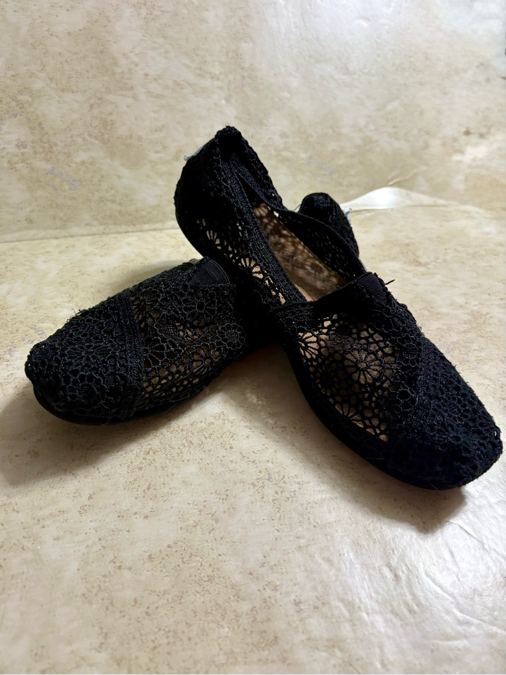 Toms Black Crochet Lace Slip-On Flats